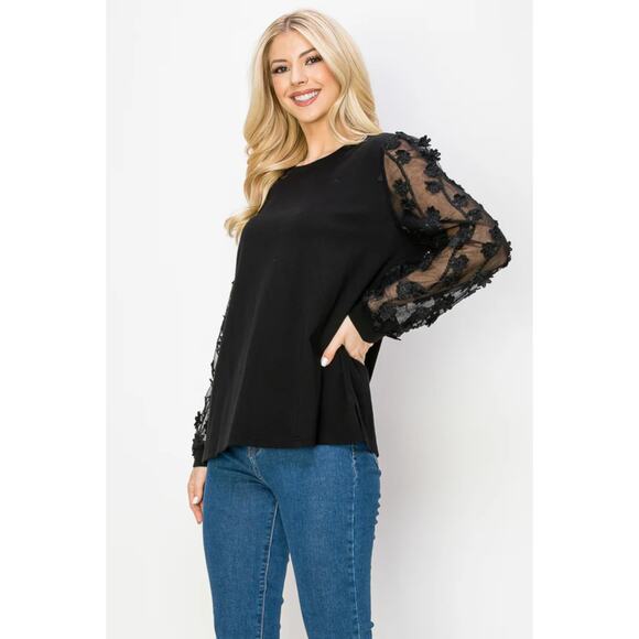 JOSEPH A Rainah Pointe Knit Lace Top Black Women's M Sheer Long Sleeve Flower - Picture 2 of 11